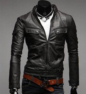 Mens PU Leather Jacket with Pockets