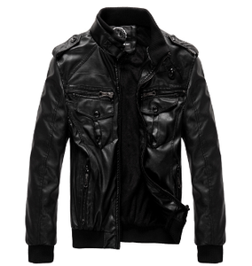 Mens Stand Collar PU Leather Jacket with Inner Fur