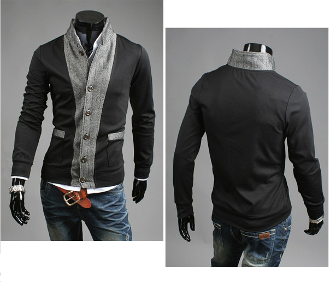 Mens Stand Collar Two Tone Cotton Cardigan