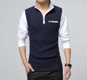 Mens Long Sleeve Two Tone Polo Shirt With Collar Detail