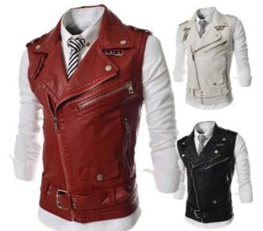 Mens Faux Leather Biker Vest with Side Zipper