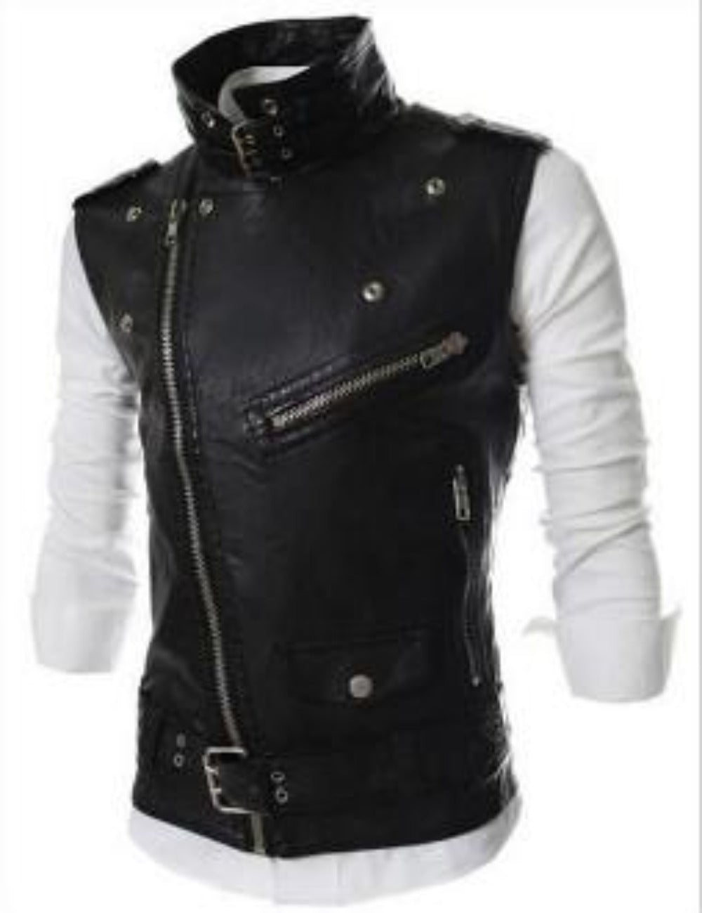 Mens Faux Leather Biker Vest with Side Zipper