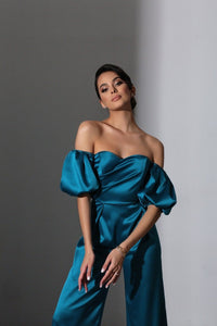 Viclans Off-The-Shoulder Satin Green Jumpsuit with Puffy Sleeves