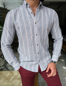 Bojoni Dover  Gray Slim Fit Long Sleeve Striped Cotton Shirt