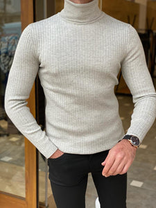 Bojoni Stefano Gray Slim Fit Striped Turtleneck Sweater