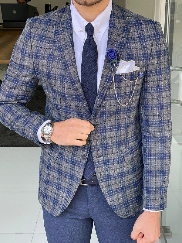 Bojo Blue Slim Fit Peak Lapel Plaid Linen Blazer-baagr.myshopify.com-blazers-BOJONI