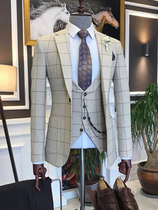 Bojoni Beige Plaid Slim-Fit Suit 3-Piece