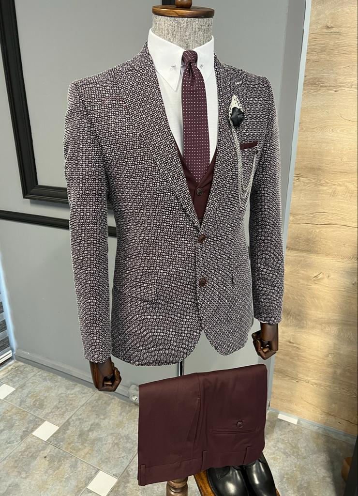 Bojoni Fremont Burgundy Slim Fit Peak Lapel Patterned Suit