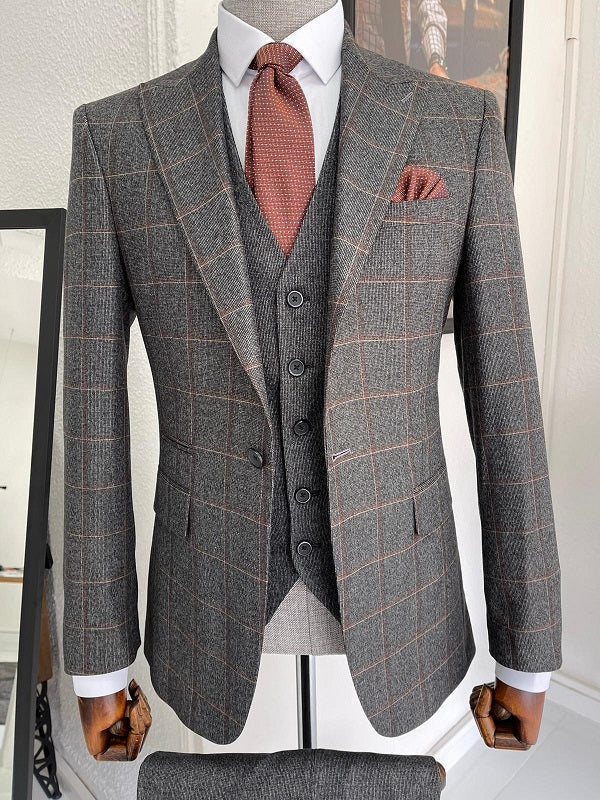 Severi Dark Gray Slim Fit Peak Lapel Plaid Wool Suit-baagr.myshopify.com-suit-BOJONI