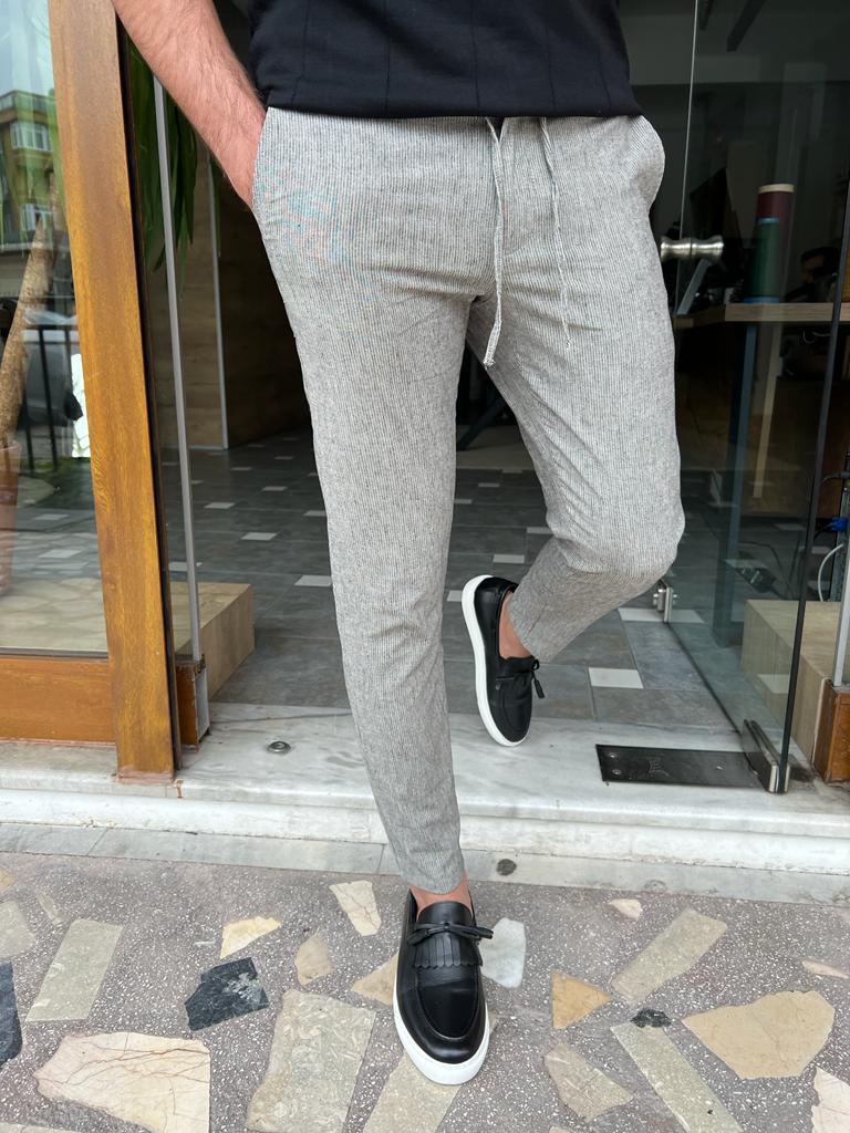 Bojoni Dover Gray Slim Fit Linen Laced Pants