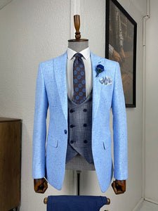 Bojoni Daroni Blue Slim Fit Patterned Linen Suit