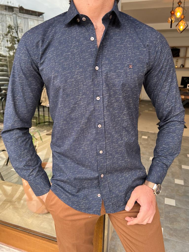 Bojoni Dover  Navy Blue Slim Fit Long Sleeve Patterned Cotton Shirt
