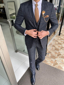 Bojoni Grant Navy Blue Slim Fit Notch Lapel Plaid Wool Suit