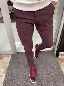Bastoni Burgundy Slim Fit Cotton Lycra Pants-baagr.myshopify.com-Pants-BOJONI