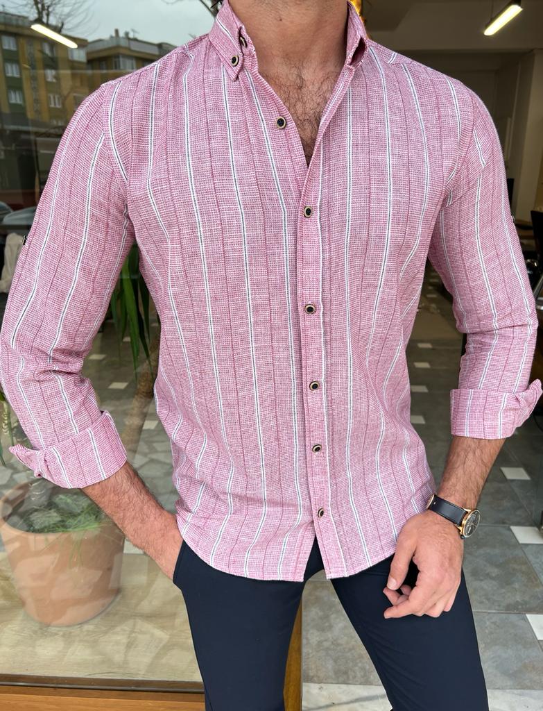 Bojoni Dover Pink Slim Fit Long Sleeve Striped Cotton Shirt