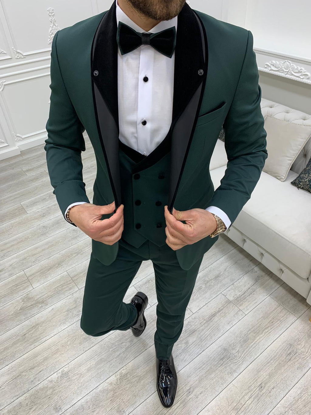 Partoni Royal Velvet Shawl Green Slim Fit Tuxedo-baagr.myshopify.com-1-BOJONI