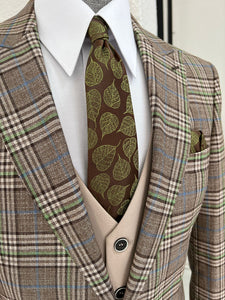 Louis Slim Fit Pointed Collared Beige & Khaki Combination Suit