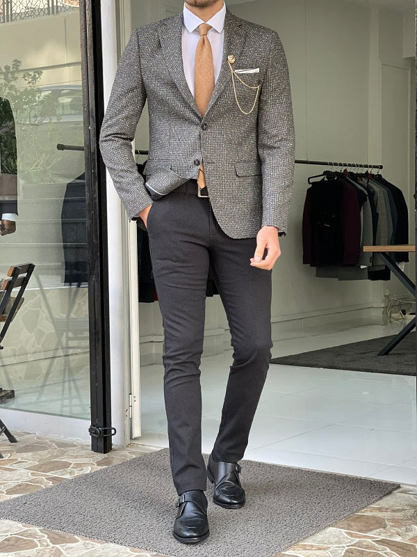 Bojo Gray Slim Fit Peak Lapel Patterned Wool Blazer-baagr.myshopify.com-blazers-BOJONI