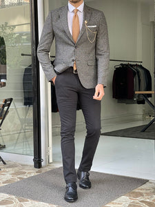 Bojo Gray Slim Fit Peak Lapel Patterned Wool Blazer-baagr.myshopify.com-blazers-BOJONI