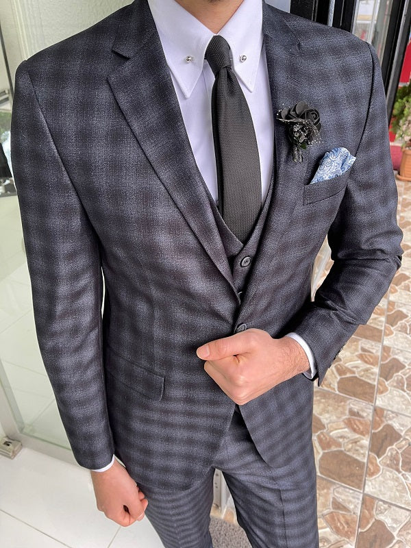 Bojoni Trenton Black Slim Fit Notch Lapel Plaid Wool Suit