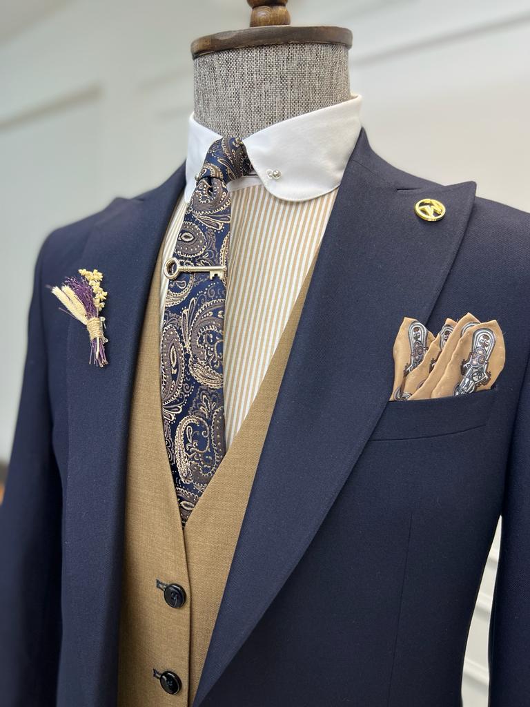 Bojoni Diamond Shagori  Navy Blue Slim Fit Peak Lapel Combination Suit