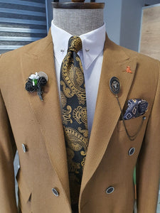 Severi Camel Slim Fit Double Breasted Pinstripe Wool Suit-baagr.myshopify.com-suit-BOJONI