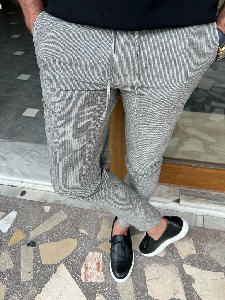Bojoni Dover Gray Slim Fit Linen Laced Pants