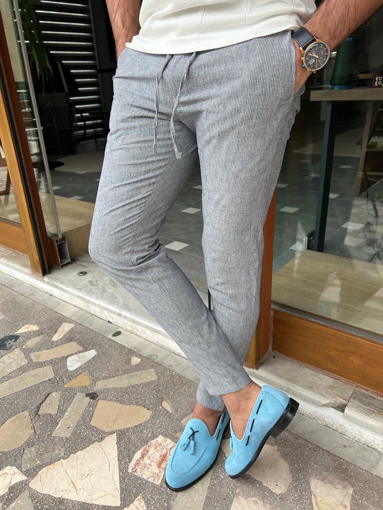 Bojoni Dover Blue Slim Fit Linen Laced Pants