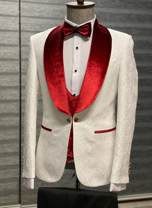 Bojoni Camden Red & White Slim Fit Velvet Shawl Lapel Wool Tuxedo