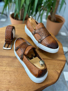 Bojoni Tan Woven Leather Monk Strap Loafers