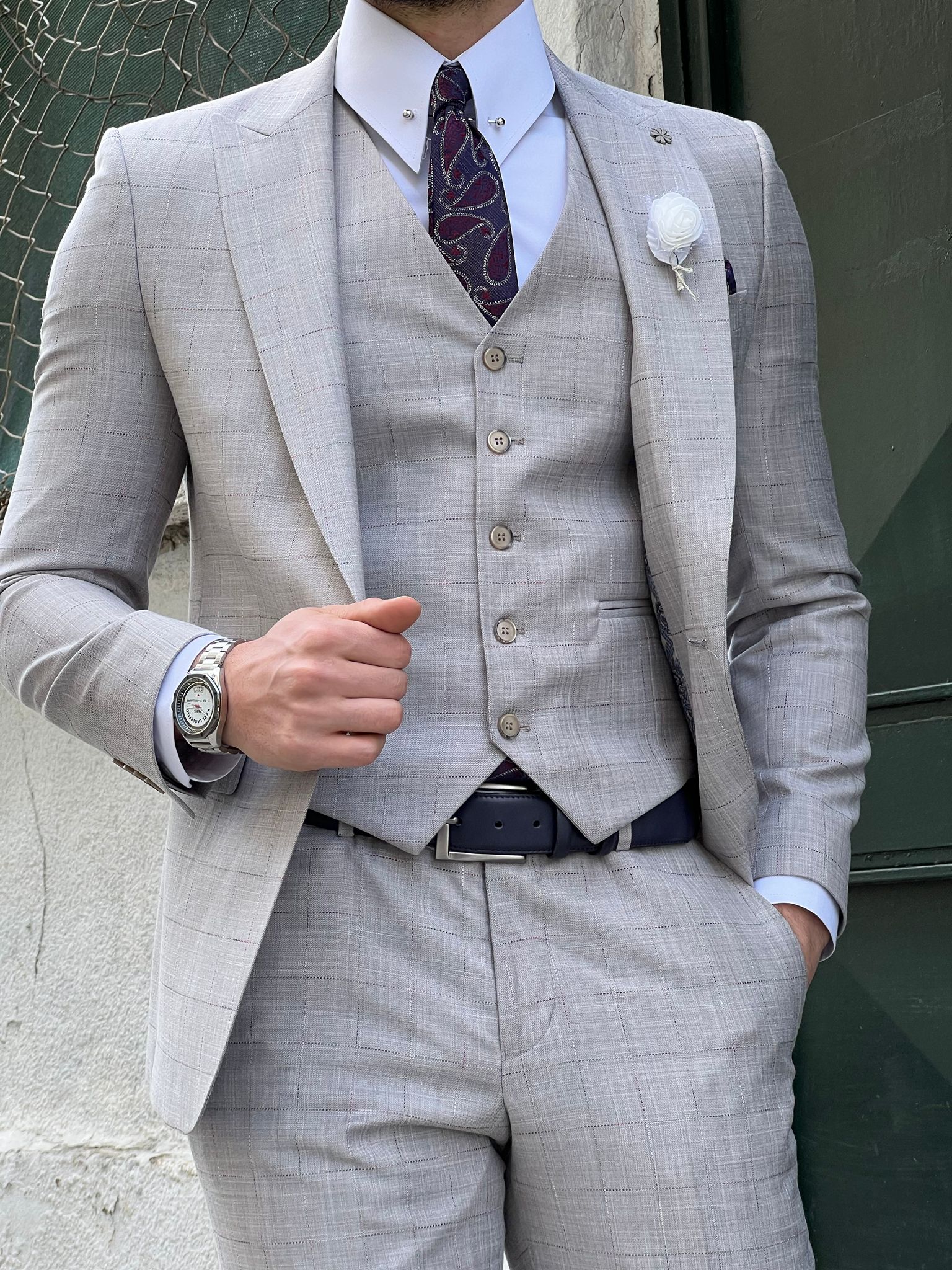 Bojoni Montebello Slim Fit High Quality Plaid Wool Grey Suit