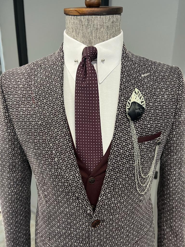 Bojoni Fremont Burgundy Slim Fit Peak Lapel Patterned Suit