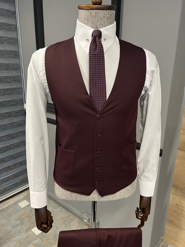 Bojoni Fremont Burgundy Slim Fit Peak Lapel Patterned Suit