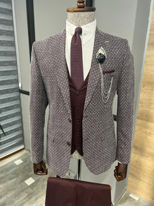 Bojoni Fremont Burgundy Slim Fit Peak Lapel Patterned Suit