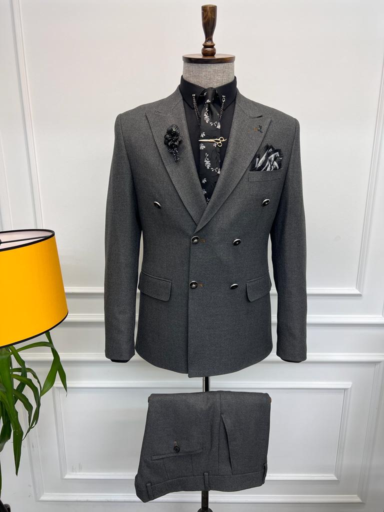 Rick Slim Fit Special Design Double Breasted Grey Detailed Suit