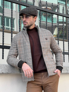 Bojoni Astoria Slim Fit Side Pocket Plaid Woolen Beige Coat