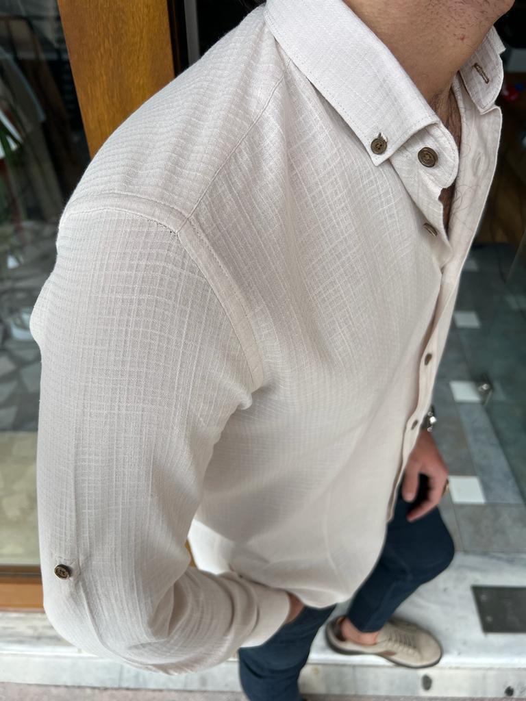Bojoni Dover Beige Slim Fit Long Sleeve Plaid Cotton Shirt