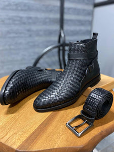 Bojoni Clifton Black Woven Leather Buckle Chelsea Boots