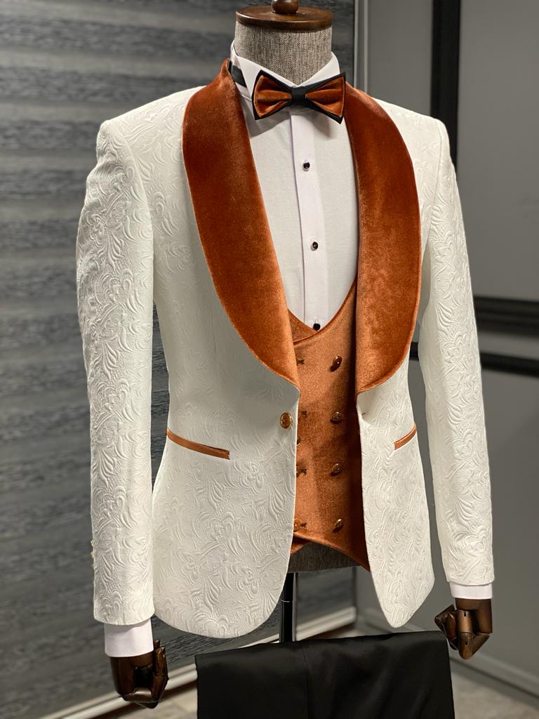 Bojoni Camden Orange & White Slim Fit Velvet Shawl Lapel Wool Tuxedo