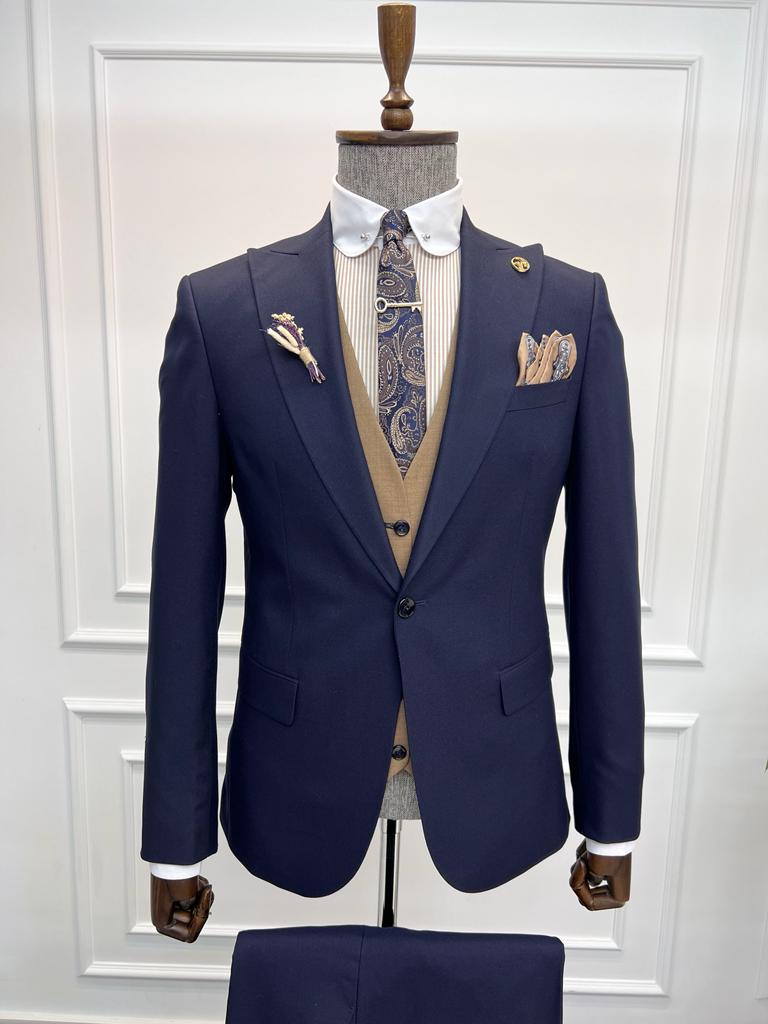 Bojoni Diamond Shagori  Navy Blue Slim Fit Peak Lapel Combination Suit