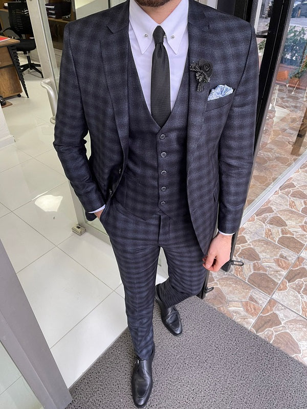 Bojoni Trenton Black Slim Fit Notch Lapel Plaid Wool Suit