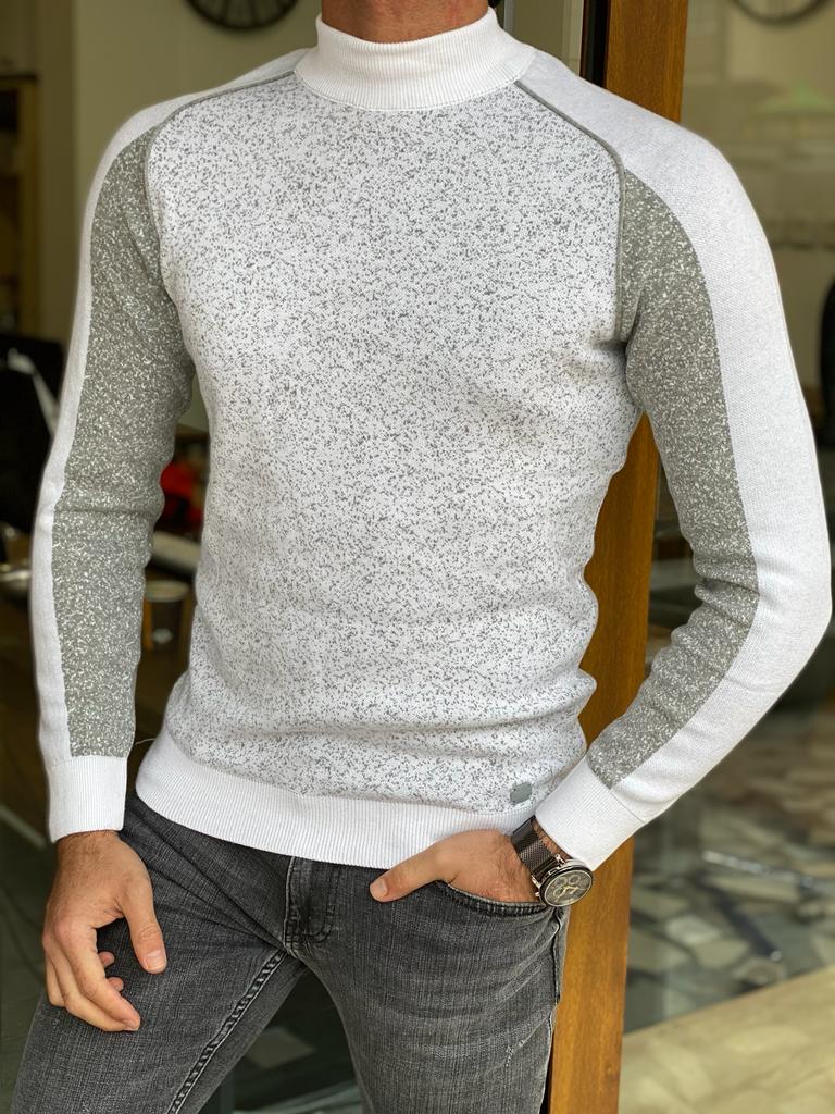 Bojoni Turino White Patterned Mock Turtleneck Sweater