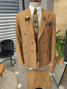 Severi Camel Slim Fit Double Breasted Pinstripe Wool Suit-baagr.myshopify.com-suit-BOJONI