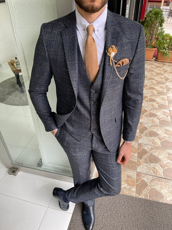 Bojoni Grant Navy Blue Slim Fit Notch Lapel Plaid Wool Suit