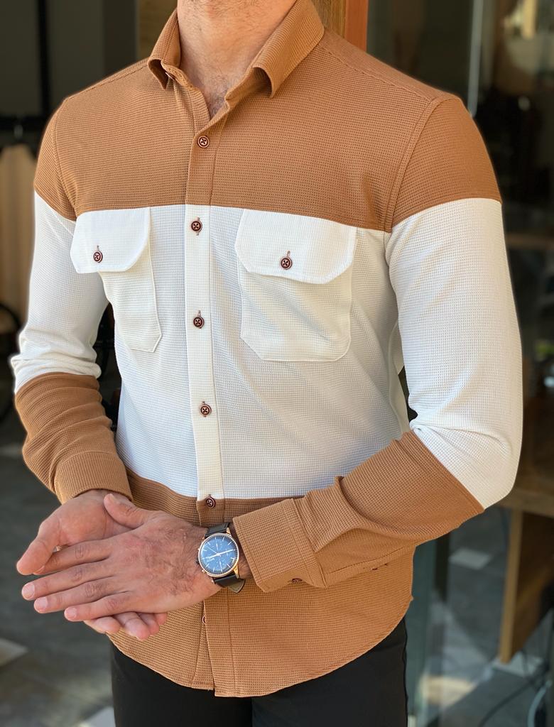 Bojoni Clifton Camel Slim Fit Long Sleeves Cotton Shirt