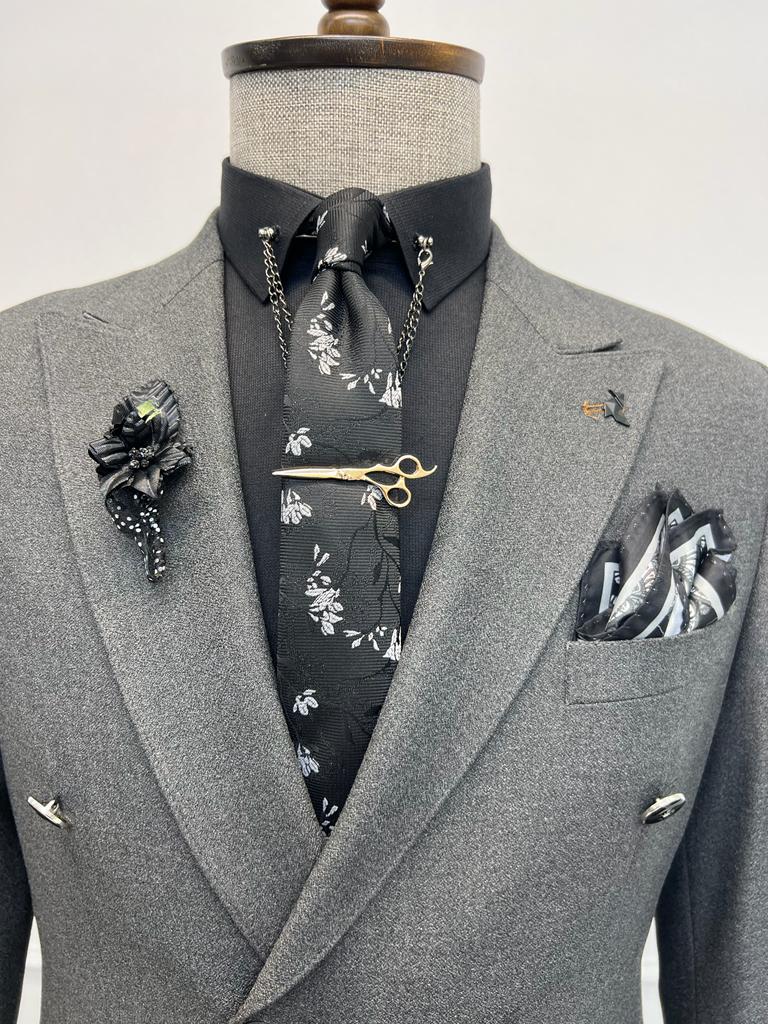 Rick Slim Fit Special Design Double Breasted Grey Detailed Suit