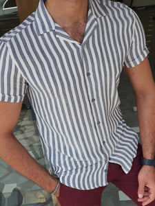 Capani Navy Blue Slim Fit Striped Collar Shirt-baagr.myshopify.com-Shirt-BOJONI