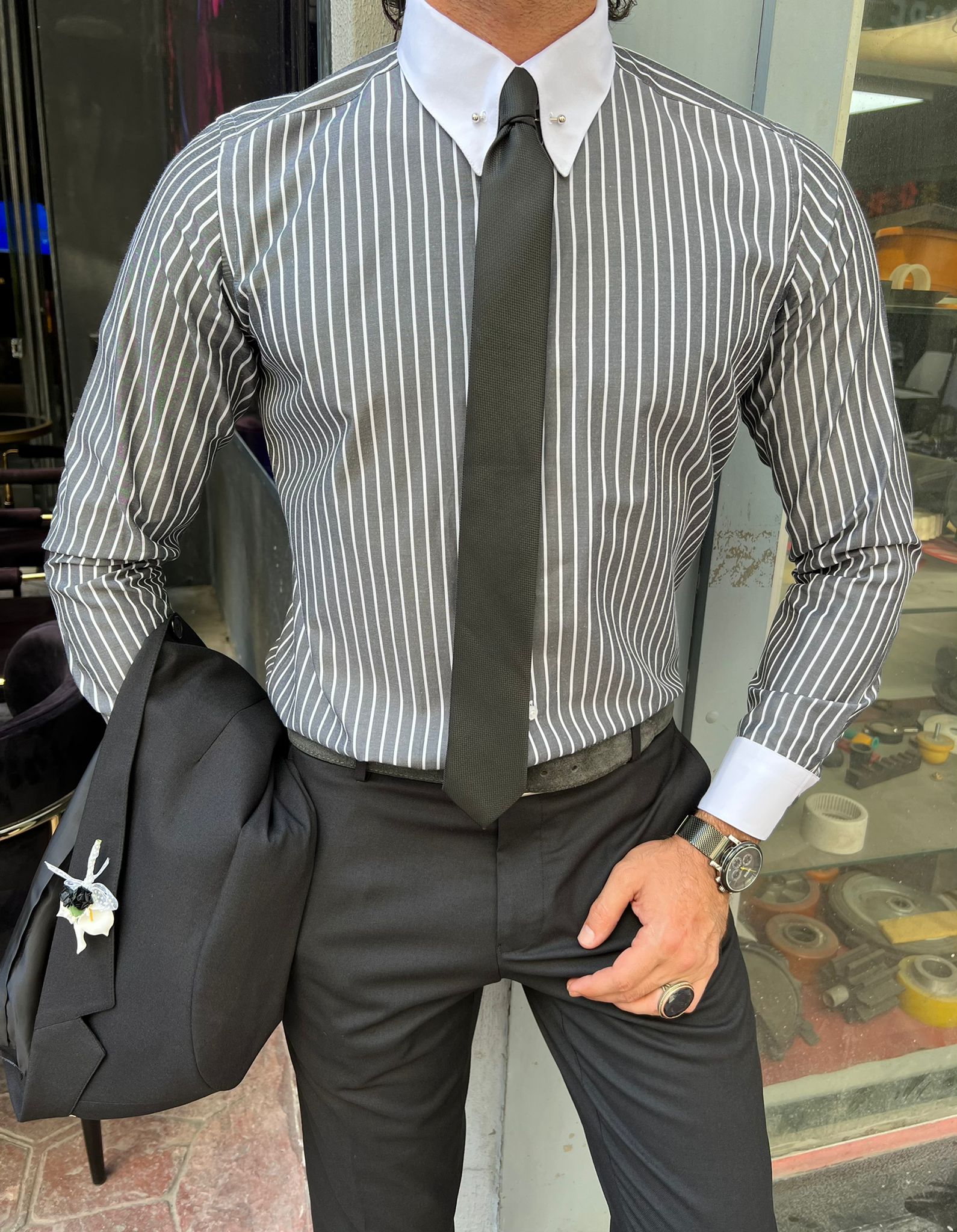 Bojoni Uluwatu Slim Fit Italian Collared Striped Black Shirt