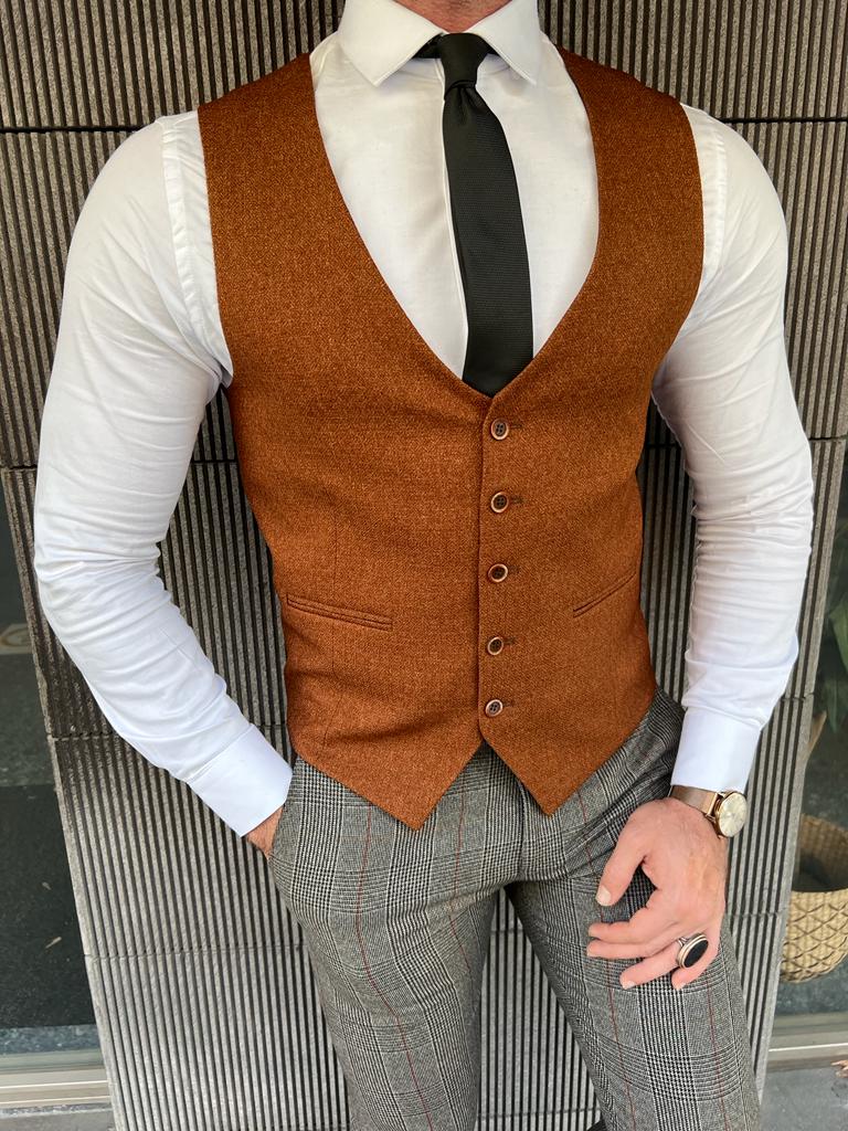 Rick Slim Fit Plaid Camel Vest