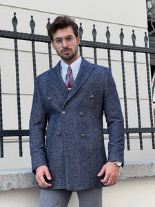 Bojoni Astoria Double Breasted Woolen Marbled Navy Coat